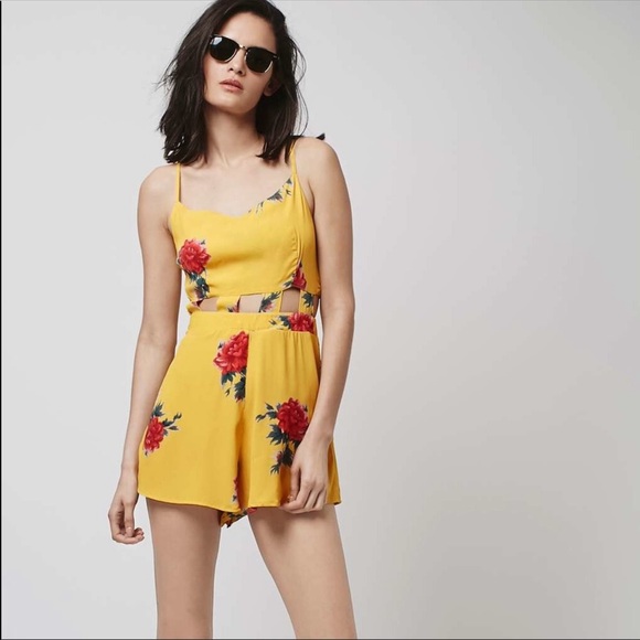 Topshop Pants - Topshop Yellow Floral Waist Cut Outs Colorful Sleeveless V Neck Romper